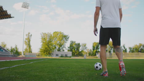 Ein-Fußballspieler-Im-Stadion-Geht-Mit-Dem-Ball-Auf-Das-Spielfeld-Und-Schlägt-Den-Ball-Mit-Dem-Fuß